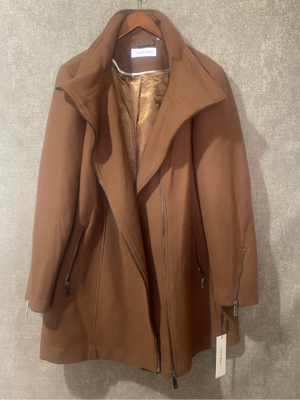 Calvin Klein Assymetrical Chestnut Brown Wool Blend Zip Coat- NWT